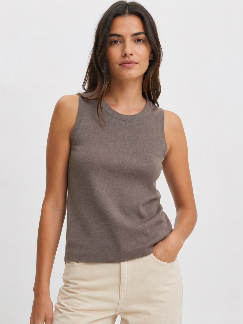 Zara Taupe Ribbed Sleeveless Tank Top